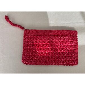 Vintage Tianjin Red Woven Raffia Clutch Purse with Wristlet Zipper‎ Pouch  Bag
